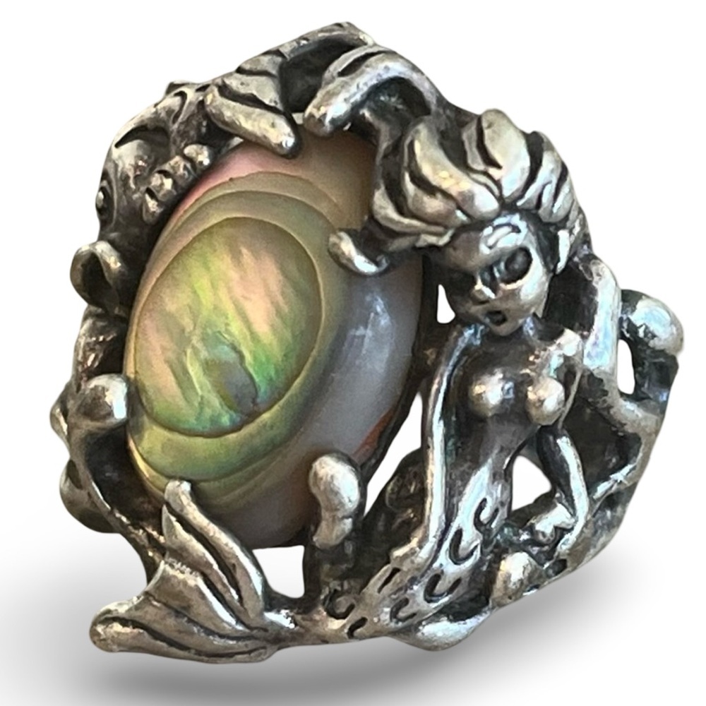 Vintage Mid-Century Cyvra Sterling Silver Abalone Mermaid Fish Ring Size 5.5
